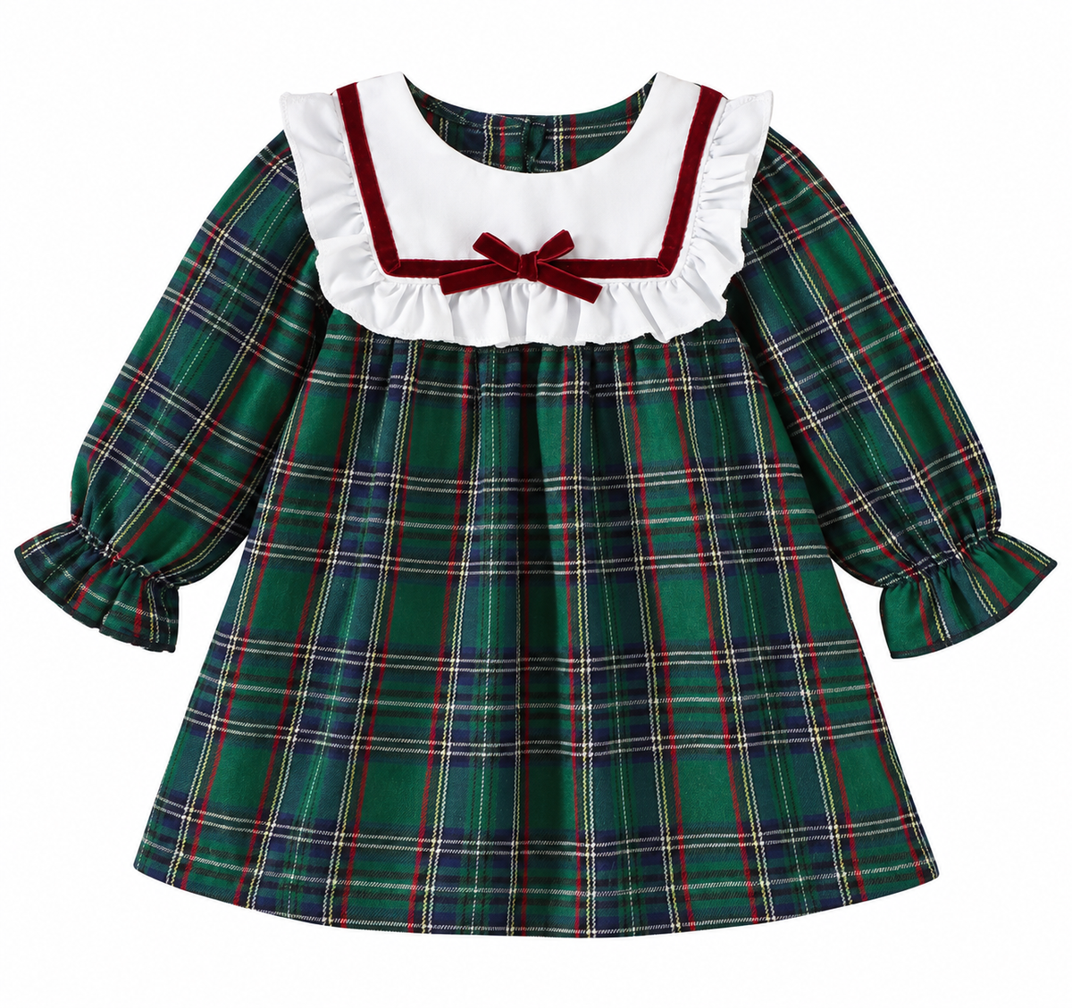 Vestido a Cuadros Verde con Cuello y Moño