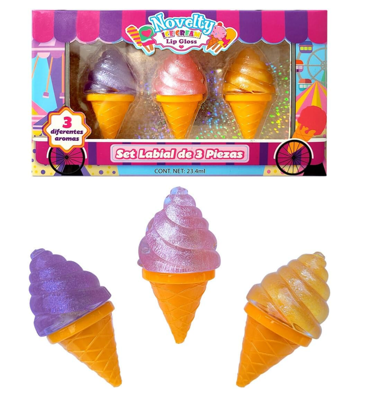 Set de 3 Brillos Labiales Novelty con Diseño de Helado