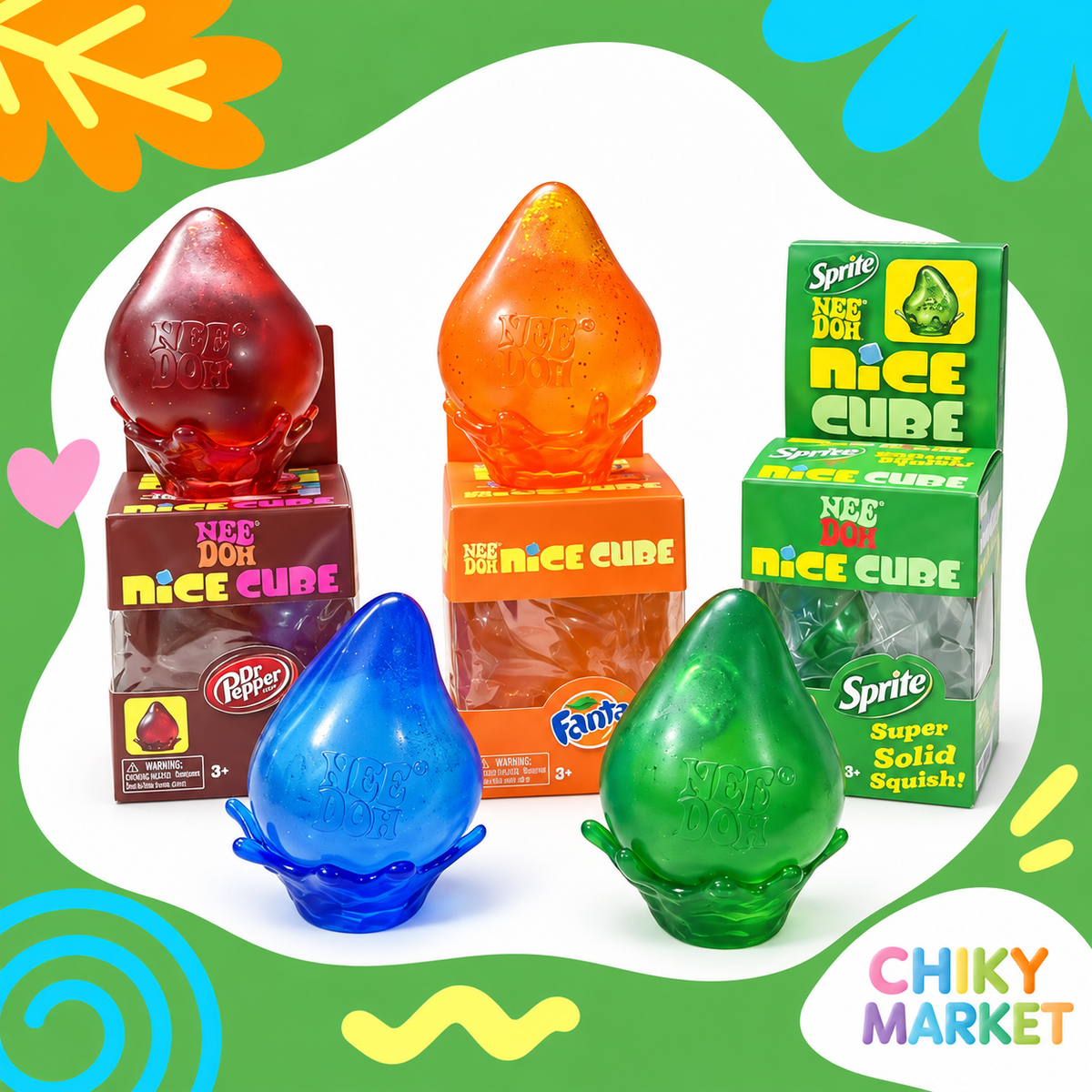 Squishies NeeDoh Nice Cube de refresco en rojo, naranja, azul y verde