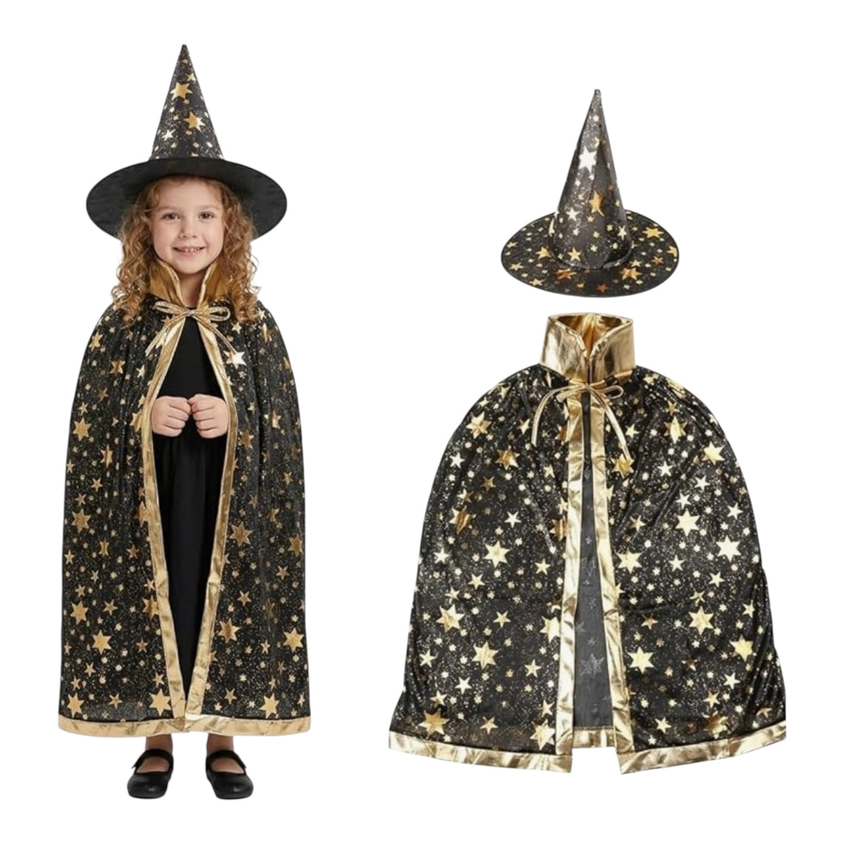 Kit de Capa y Sombrero de Bruja con Estrellas