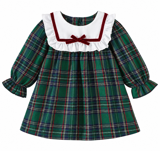 Vestido a Cuadros Verde con Cuello y Moño