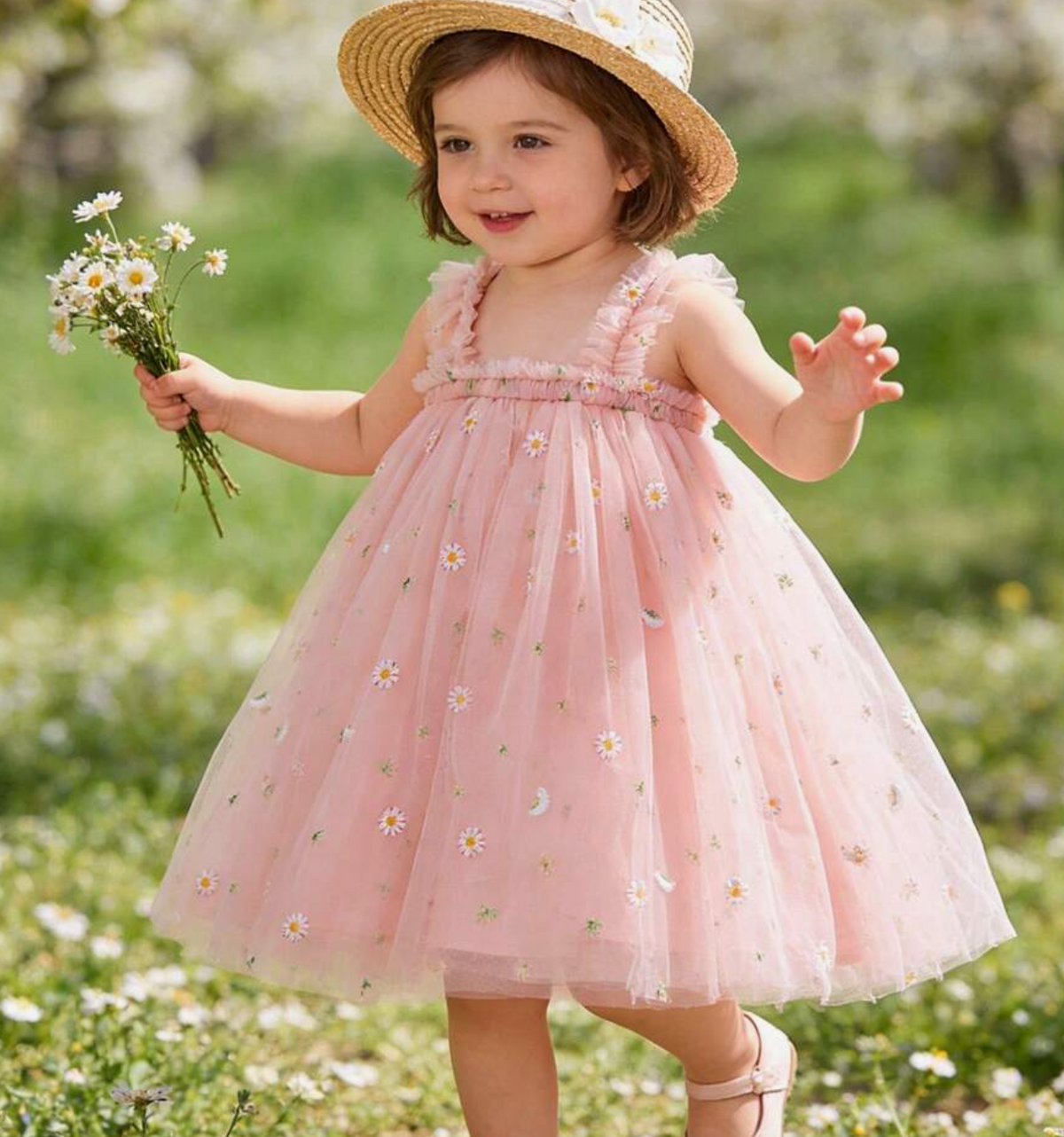 Vestido Malla Rosa Margaritas Bordadas