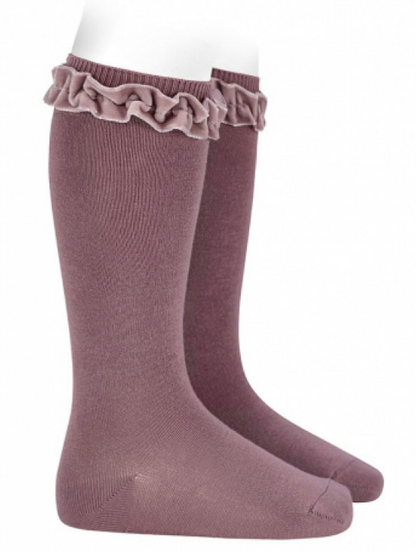 Calcetines altos cinta terciopelo fruncida en puño iris