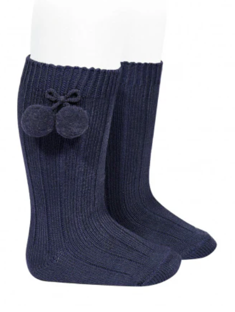 Calcetas canalé con borlas azul marino