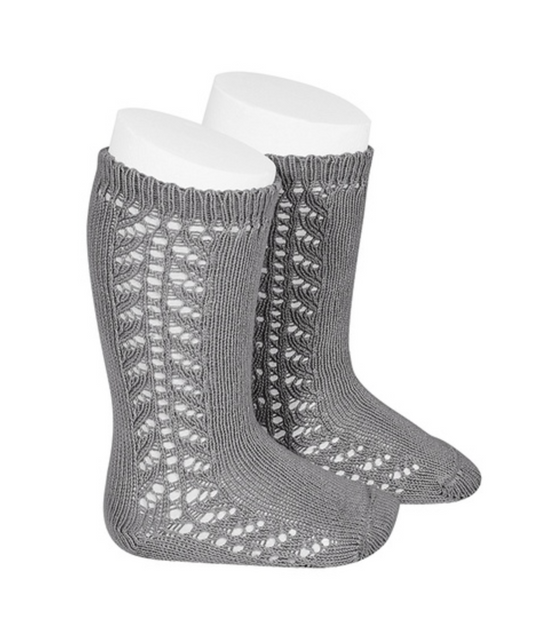 Calcetines hasta la rodilla de ganchillo lateral GRIS