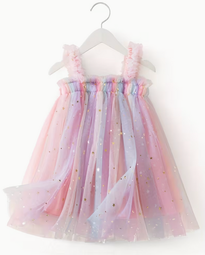 Vestido Dulce Estrellitas rosa con tul y lentejuelas