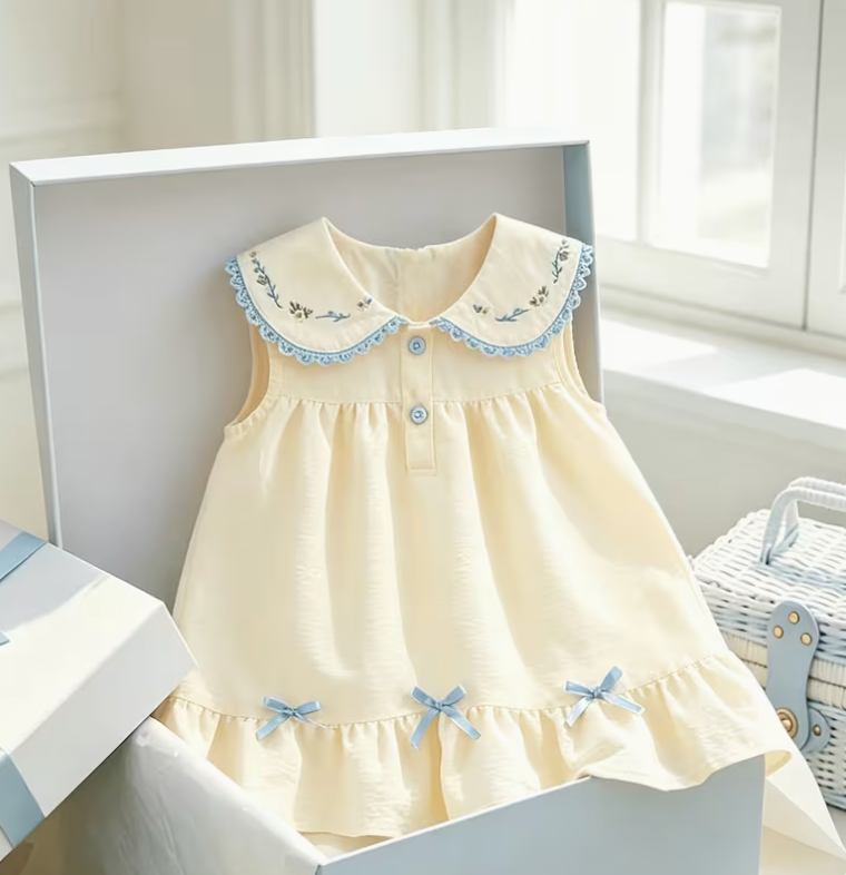 Vestido Antonella beige con cuello bordado y moños azules