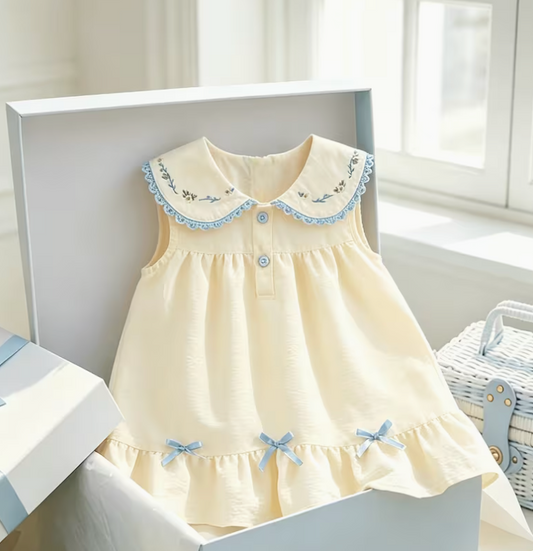 Vestido Antonella beige con cuello bordado y moños azules