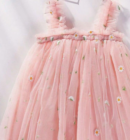 Vestido Malla Rosa Margaritas Bordadas