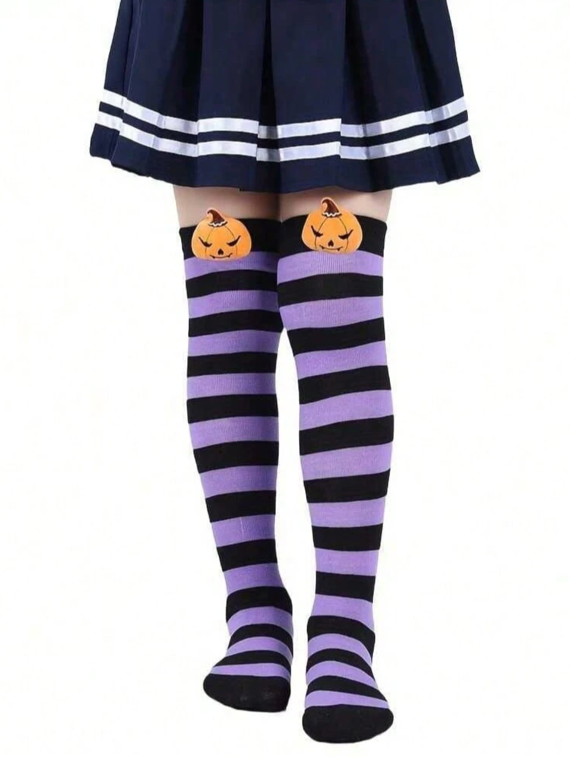 Calcetas Largas a Rayas Halloween Morado y Naranja