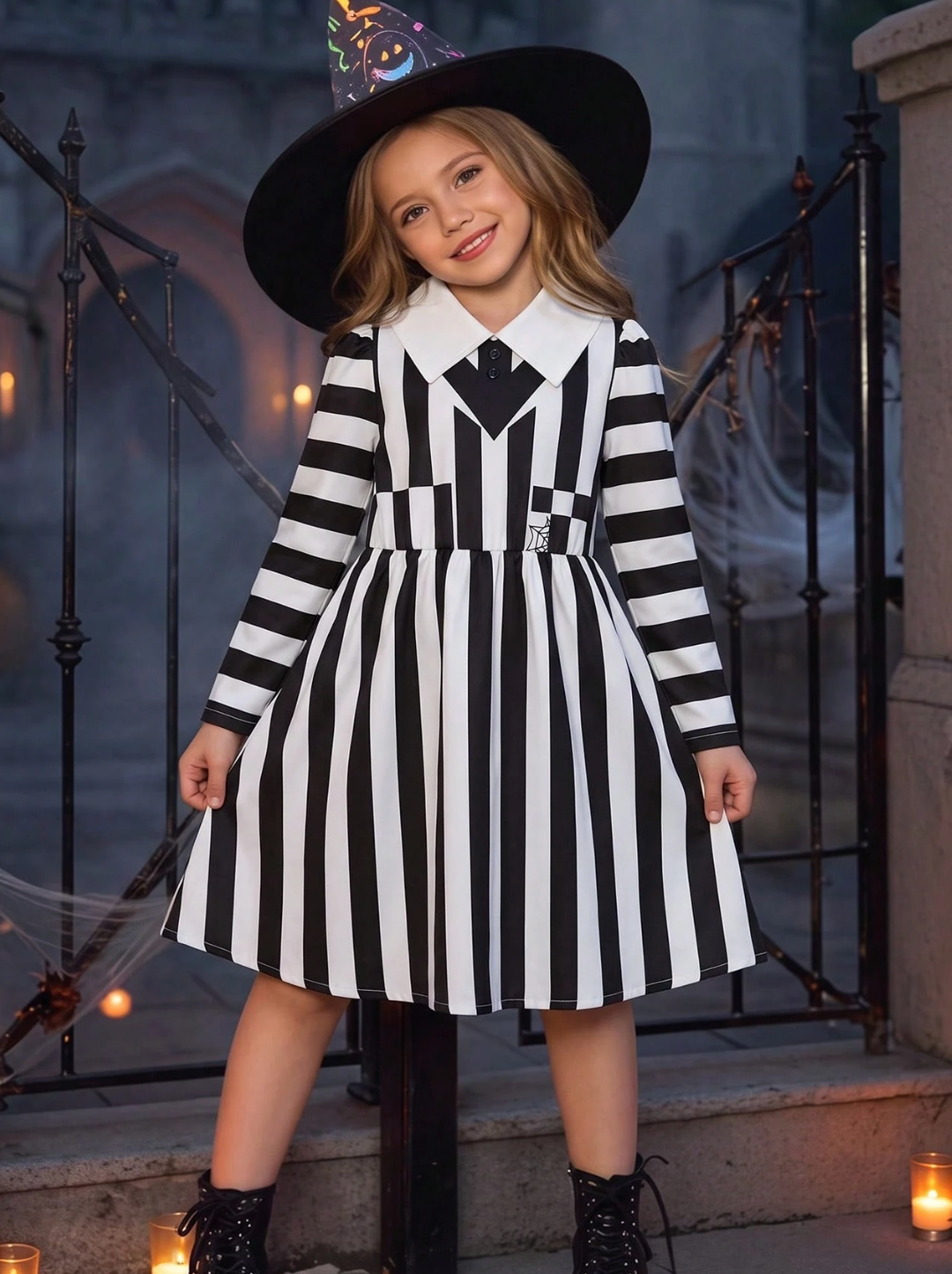 Vestido Manga Larga a Rayas Blanco y Negro
