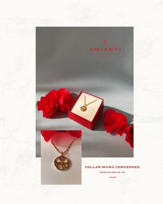 Collar Mamá Corazones - chapa de oro 14k