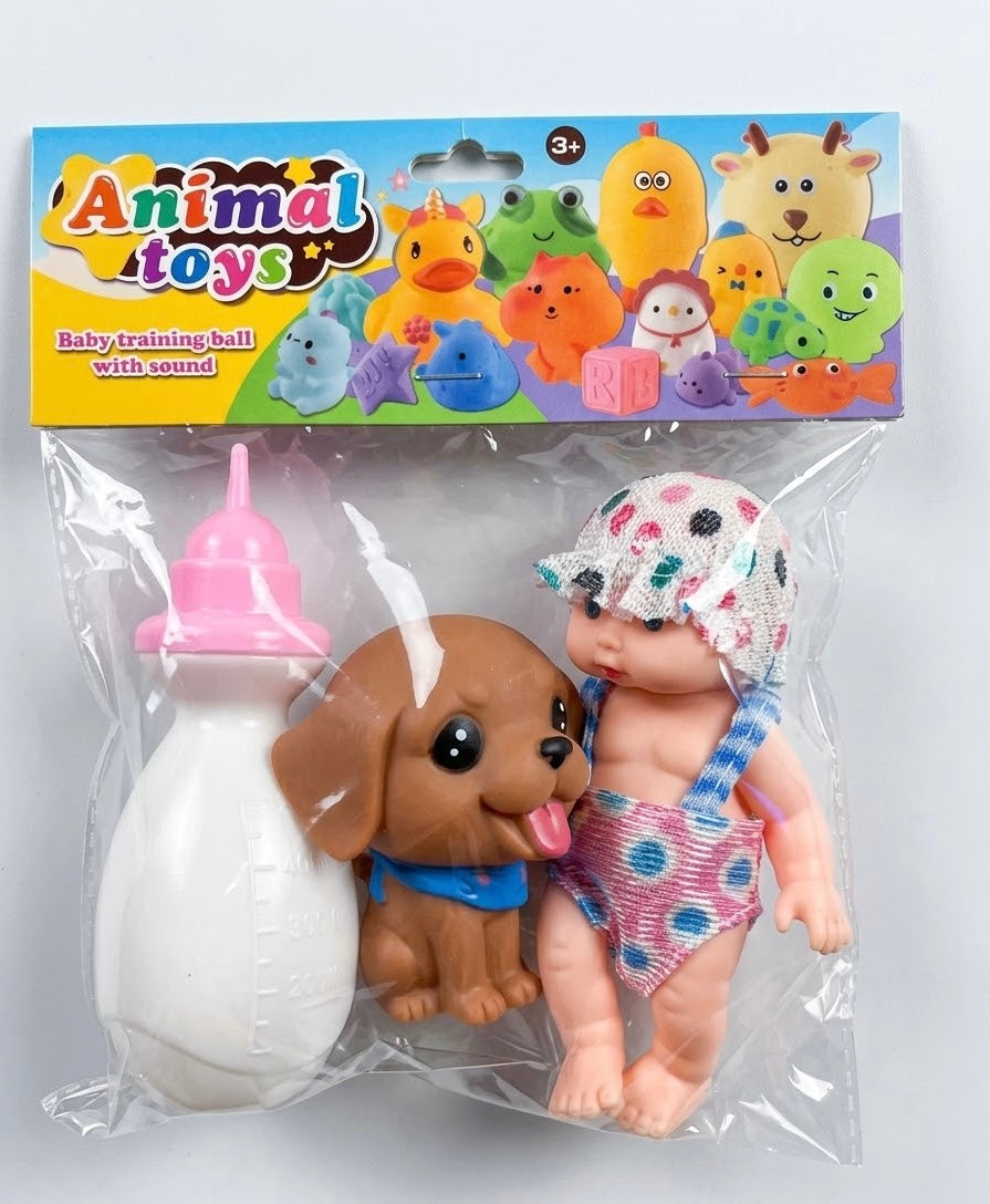 Bebé con Perro y Biberón