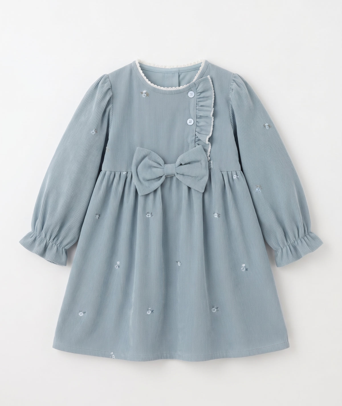 Vestido Azul Neblina con Lazo y Bordado