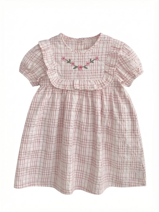 Vestido Cuadritos Rosa Bordado