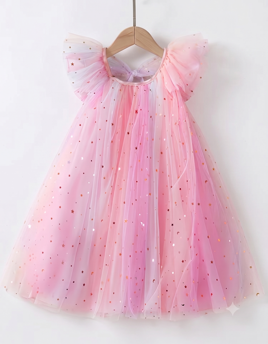 Vestido Yui morado con tul y estrellas de lentejuelas