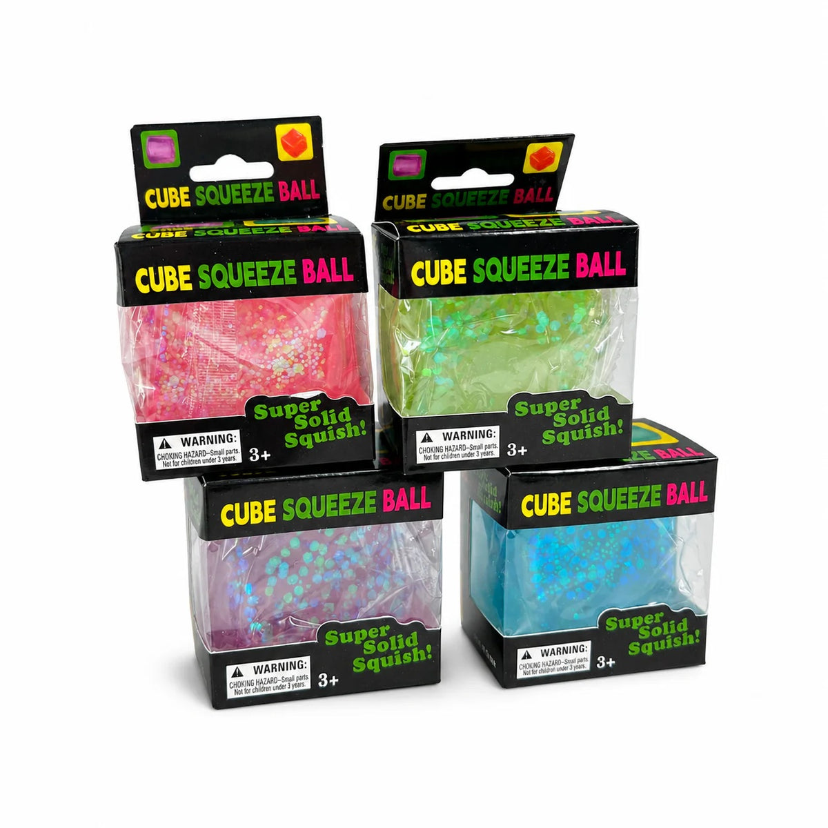 Cubo squishy Cube Squeeze Ball en caja, en rosa, verde, morado y azul
